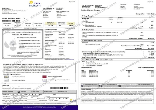 India Tata Indicom mobile utility bill template in Word and PDF format, 2 pages
